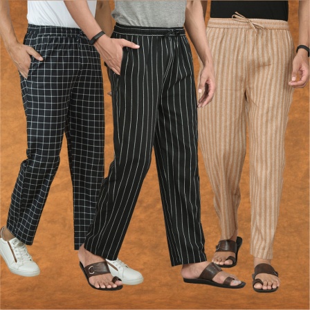 Combo of 3 Men Stripe Cotton Handloom Pant Black Beige and Black-15422