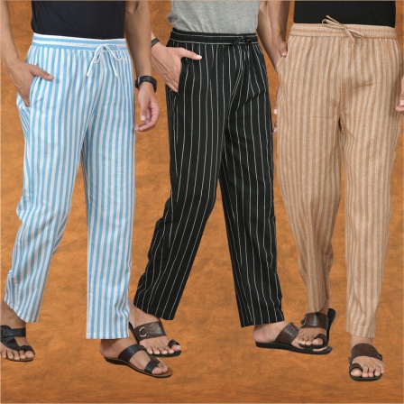 Combo of 3 Men Stripe Cotton Handloom Pant Black Beige and Sky Blue-15191