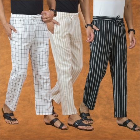 Combo of 3 Men Stripe Cotton Handloom Pant Black Beige and White-15269
