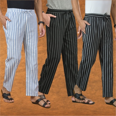 Combo of 3 Men Stripe Cotton Handloom Pant Black Black and Blue-15243