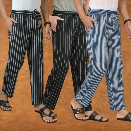 Combo of 3 Men Stripe Cotton Handloom Pant Black Blue and Black-15446