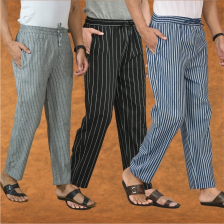 Combo of 3 Men Stripe Cotton Handloom Pant Black Blue and Gray-15461
