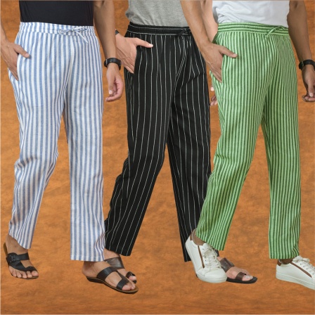 Combo of 3 Men Stripe Cotton Handloom Pant Black Olive Green and Blue-15228