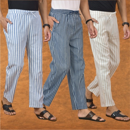 Combo of 3 Men Stripe Cotton Handloom Pant Blue Beige and Blue-15218