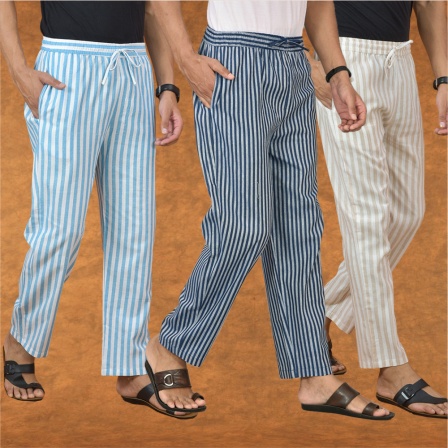 Combo of 3 Men Stripe Cotton Handloom Pant Blue Beige and Sky Blue-15151