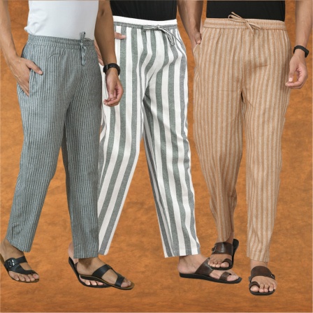 Combo of 3 Men Stripe Cotton Handloom Pant Gray Beige and Gray-15460
