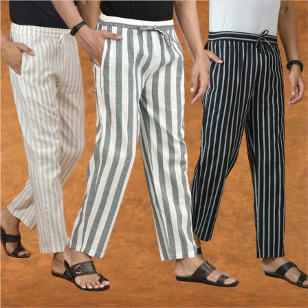 Combo of 3 Men Stripe Cotton Handloom Pant Gray Black and Beige-15345