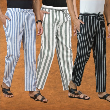 Combo of 3 Men Stripe Cotton Handloom Pant Gray Black and Blue-15245