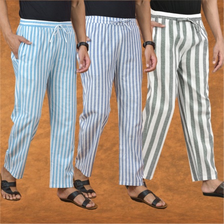 Combo of 3 Men Stripe Cotton Handloom Pant Gray Blue and Sky Blue-15133