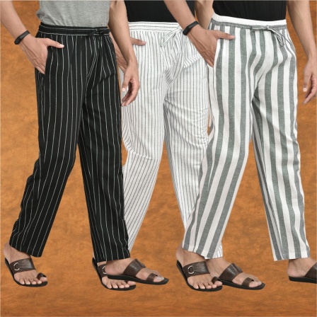 Combo of 3 Men Stripe Cotton Handloom Pant Gray White and Black-15486