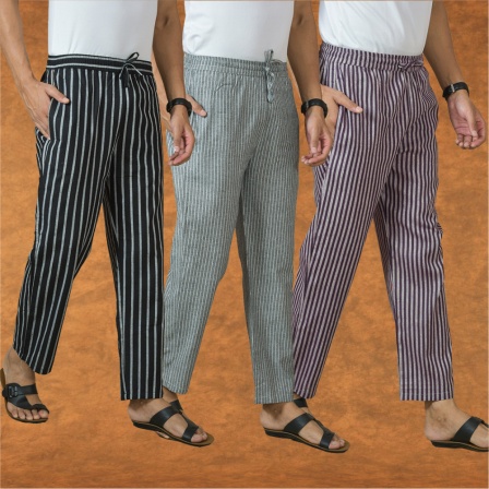 Combo of 3 Men Stripe Cotton Handloom Pant Purple Gray and Black-15431