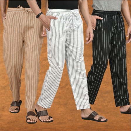 Combo of 3 Men Stripe Cotton Handloom Pant White Black and Beige-15480