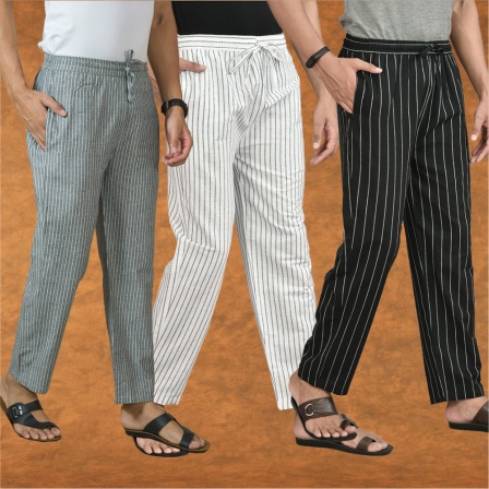 Combo of 3 Men Stripe Cotton Handloom Pant White Blue and Gray-15462