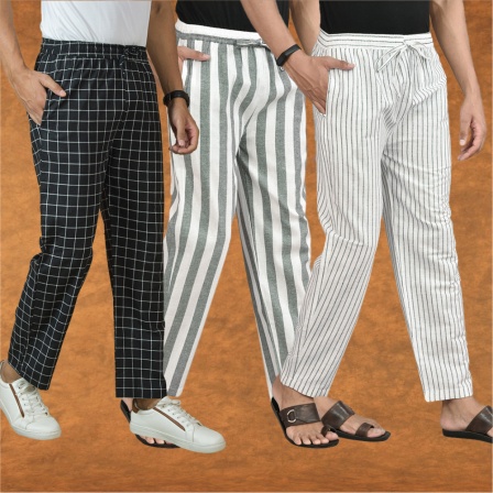 Combo of 3 Men Stripe Cotton Handloom Pant White Gray and Black-15430