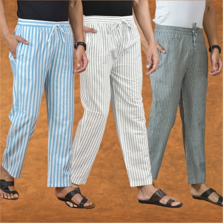 Combo of 3 Men Stripe Cotton Handloom Pant White Gray and Sky Blue-15183