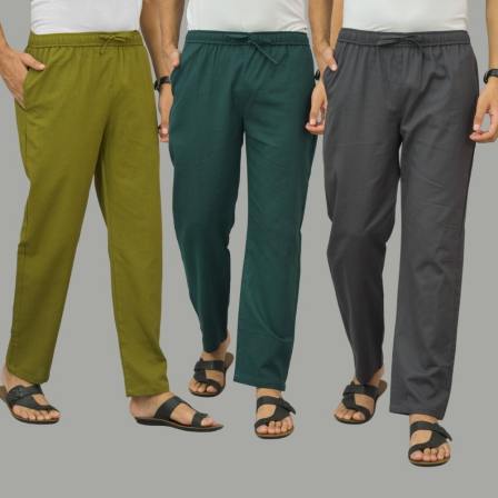 Combo of 3 Mos Green Teal Blue and Dark Gray Cotton Men Pants-45944