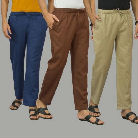 Combo of 3 Navy Blue Coffee Brown and Beige Cotton Men Pants-45992