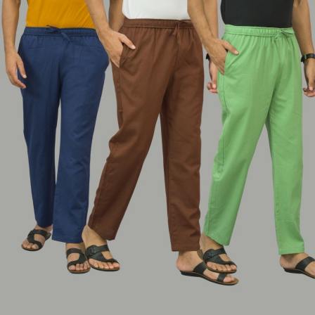 Combo of 3 Navy Blue Coffee Brown and Parrot Green Cotton Men Pants-45993