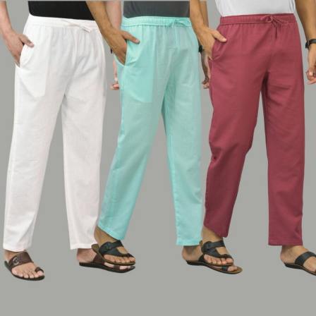 Combo of 3 White Cyan and Dark Red Cotton Men Pants-45738