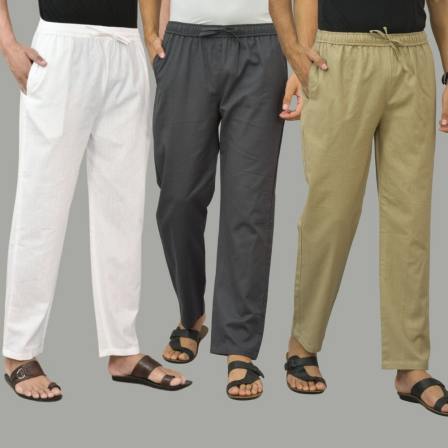 Combo of 3 White Dark Gray and Beige Cotton Men Pants-45806