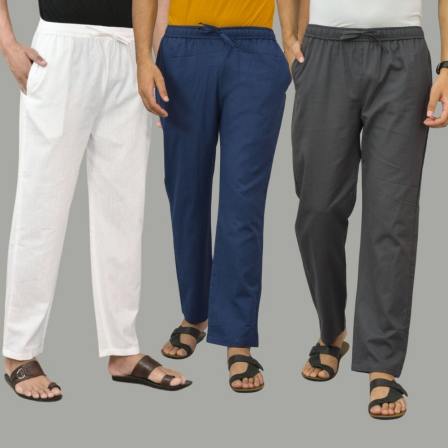 Combo of 3 White Navy Blue and Dark Gray Cotton Men Pants-45775