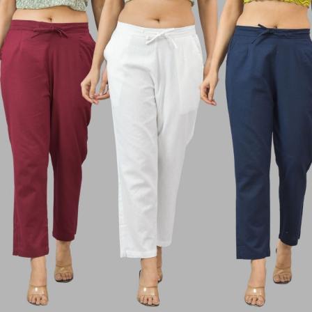 Combo of 3 Women Trouser Pants Cotton Flax Wine White and Navy Blue-11606