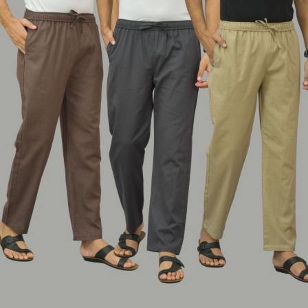 Combo of 3 Wood Brown Dark Gray and Beige Cotton Men Pants-46024