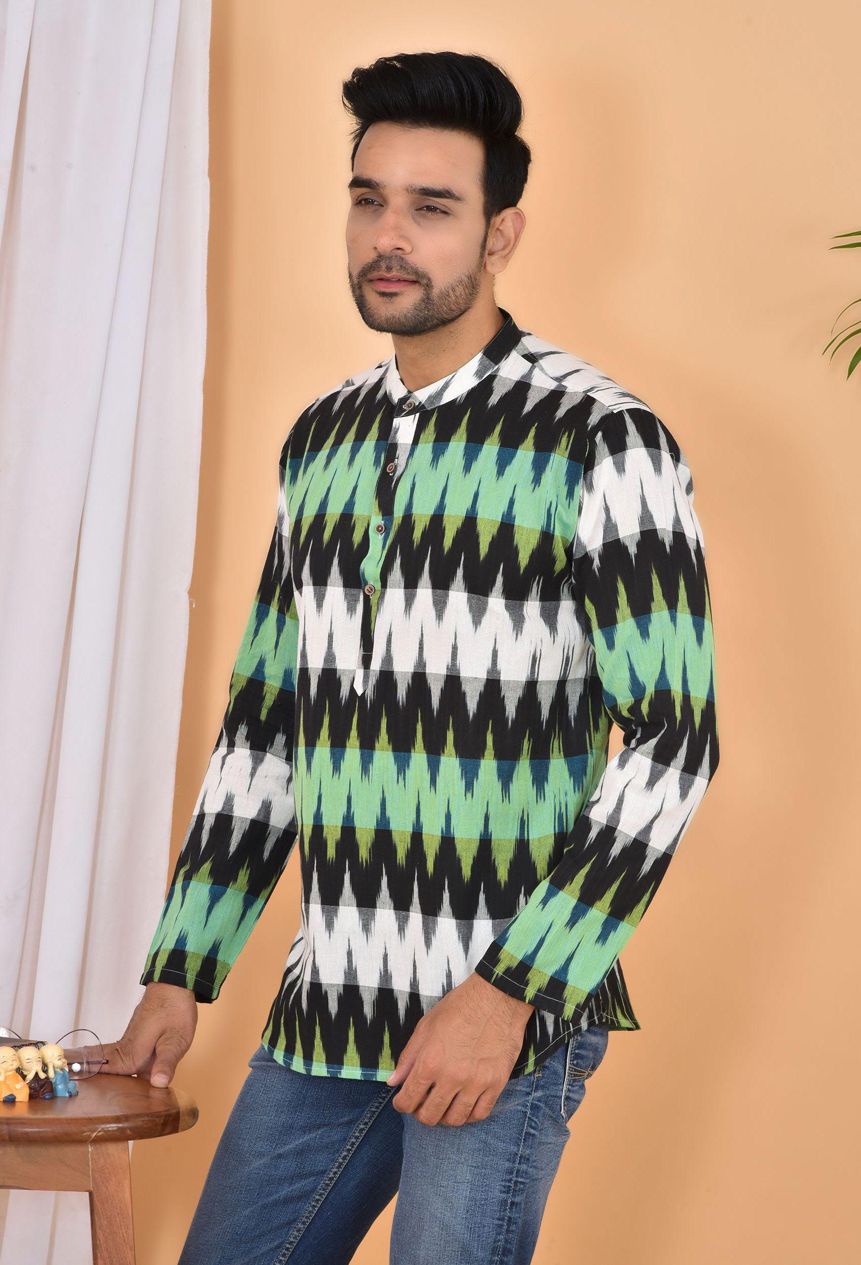 Buy Black White and Green Ikat Short Kurta Cotton for Best Price
