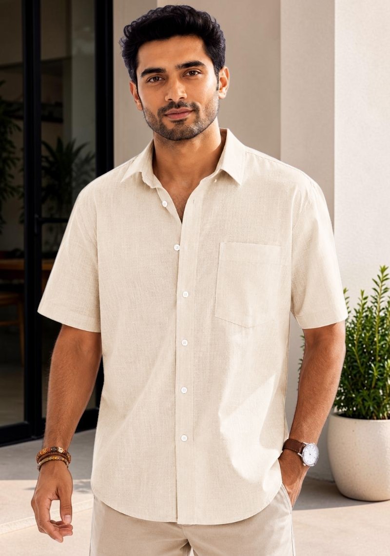 Cream Cotton Linen Relaxed Fit Half Sleeve Shirt-51718