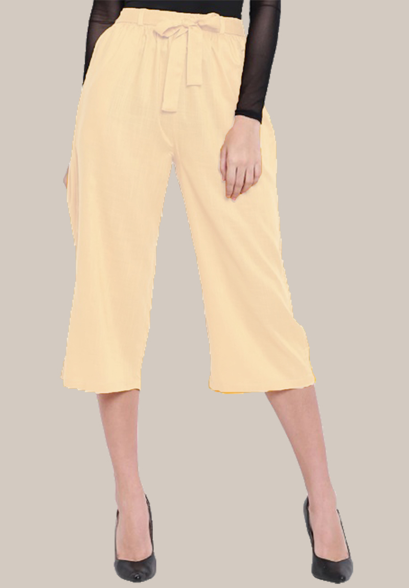 Cream Rayon Solid Women Culottes with Belt-35110