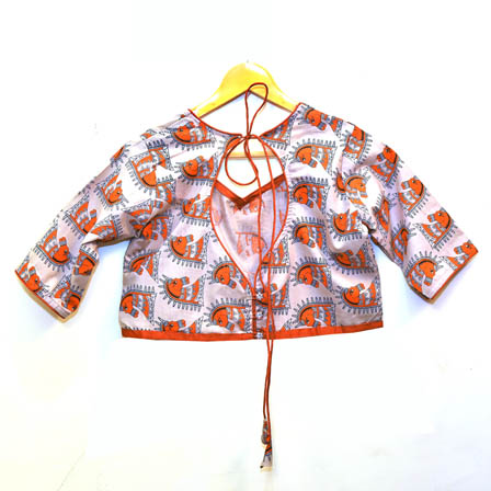 Cream and Orange Horse Face Kalamkari Print Cotton Blouse-30043