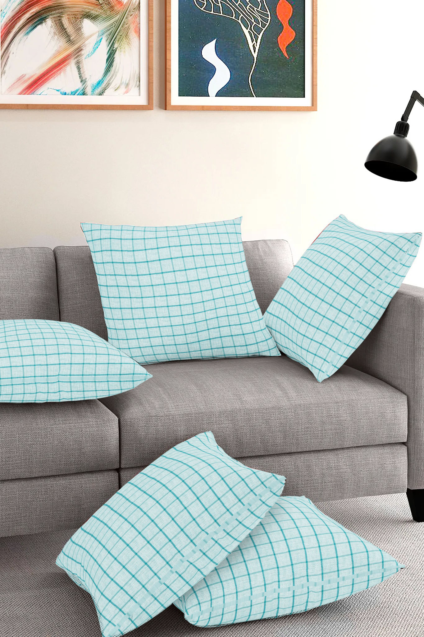 Set of 5-Cyan Blue Cotton Cushion Cover-35403-16x16 Inches