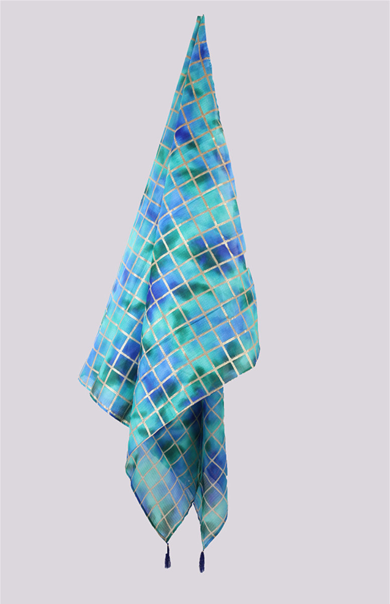 Cyan Blue Digital Printed Kota Doria Dupatta with Tassel-33430