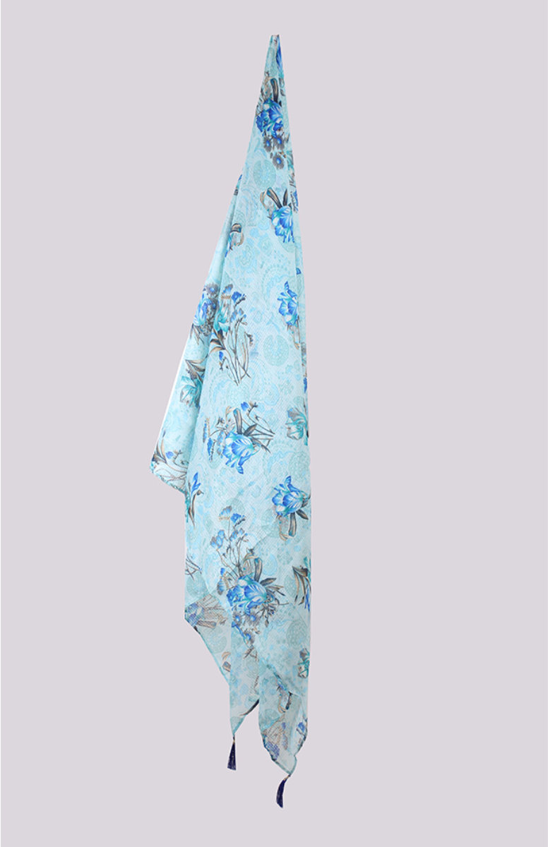 Cyan Blue Digital Printed Kota Doria Dupatta with Tassel-33442