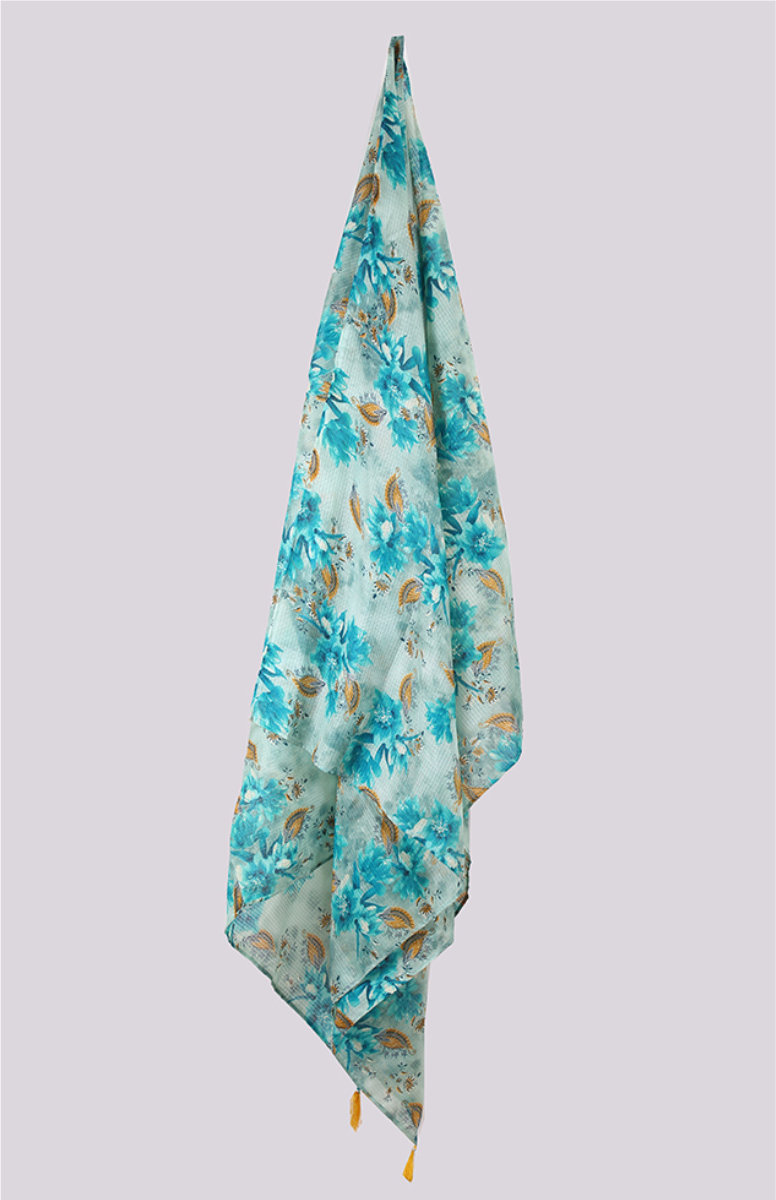 Cyan Brown Digital Printed Kota Doria Dupatta with Tassel-33429