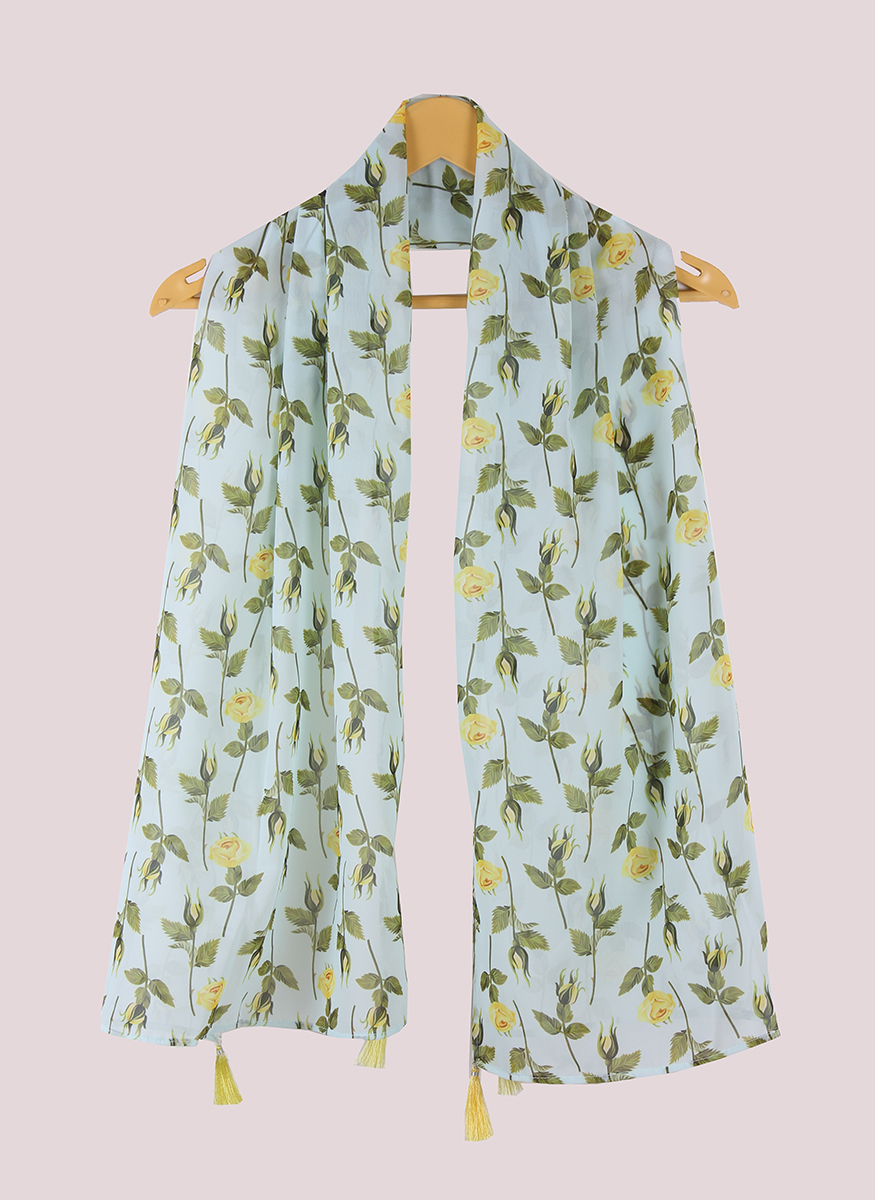 Cyan Green Digital Printed Georgette Stole with Tassel-33420