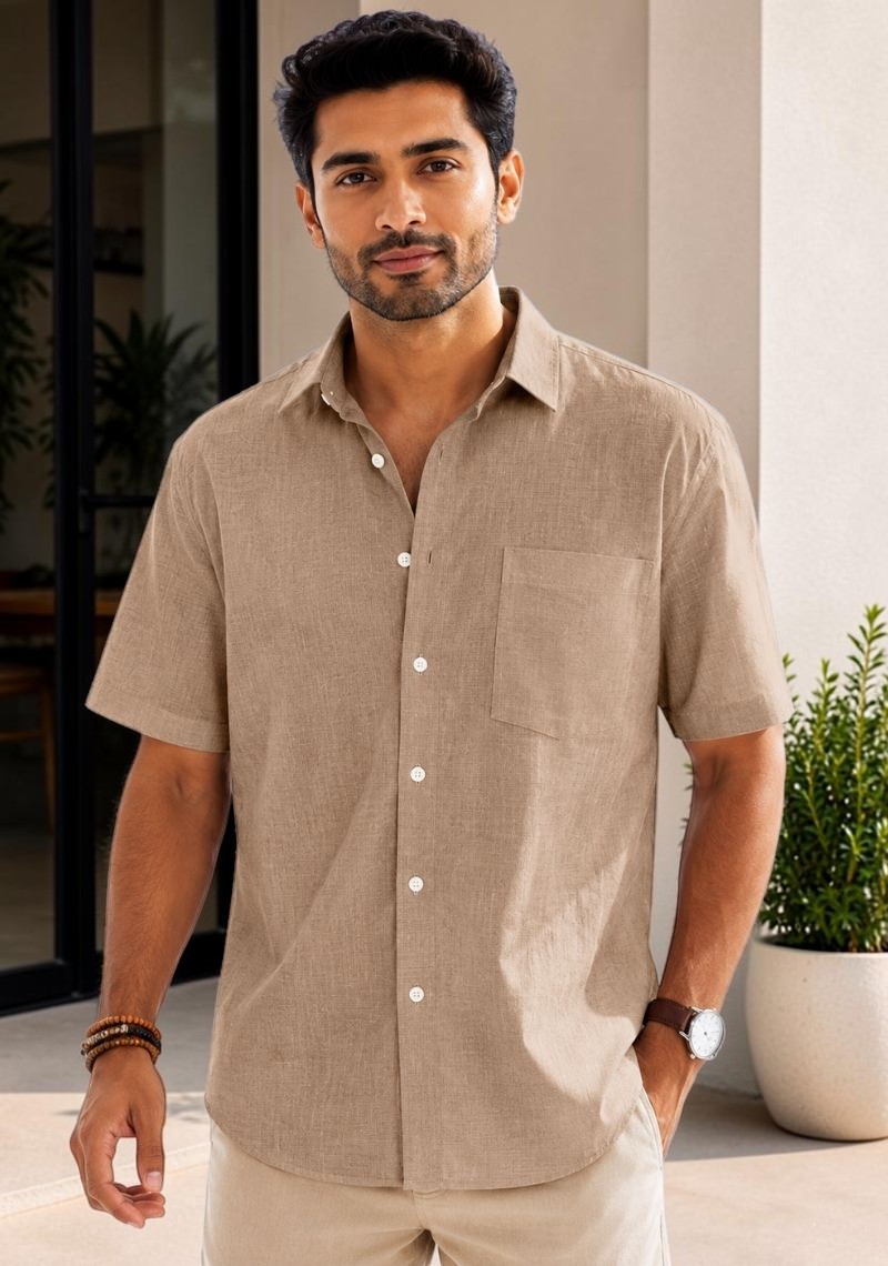 Dark Beige Cotton Linen Relaxed Fit Half Sleeve Shirt-51719