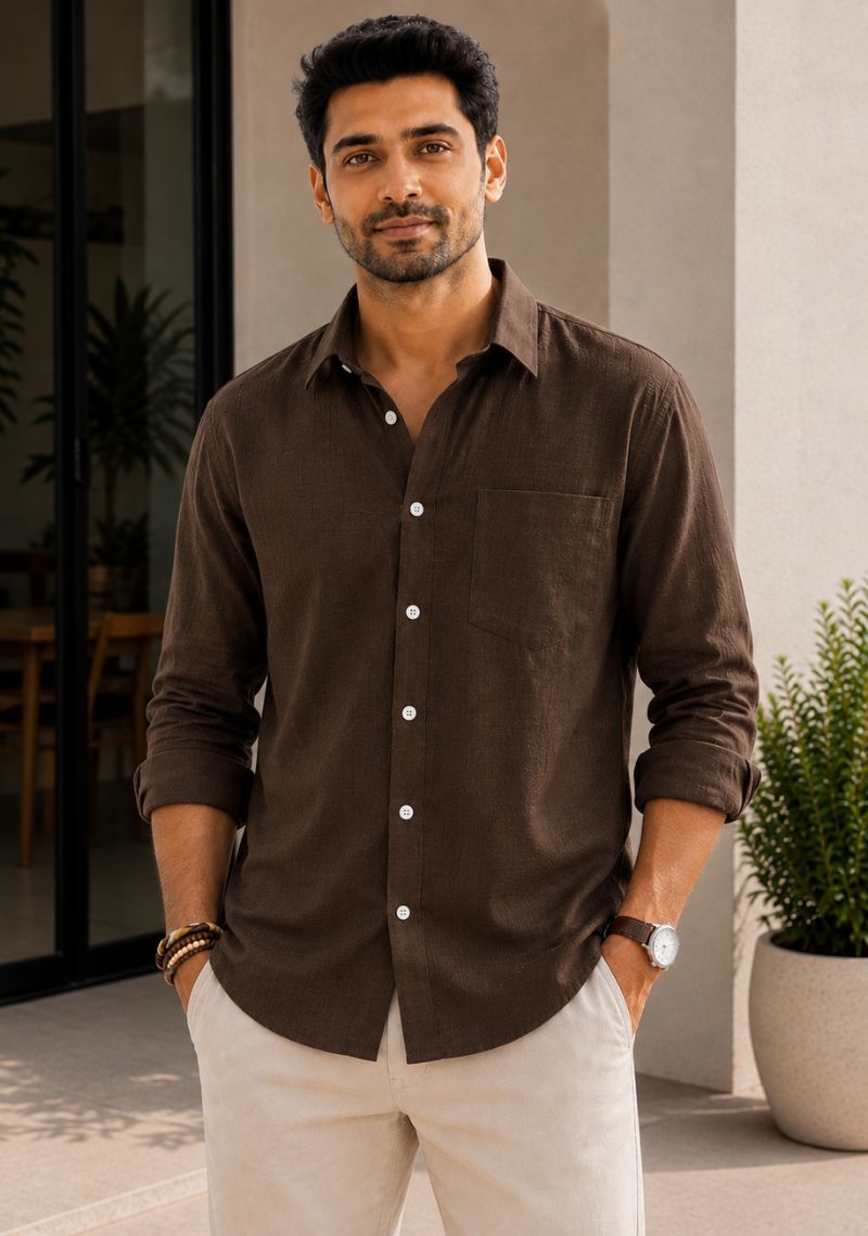 Dark Brown Cotton Linen Relaxed Fit Full Sleeve Shirt-51882