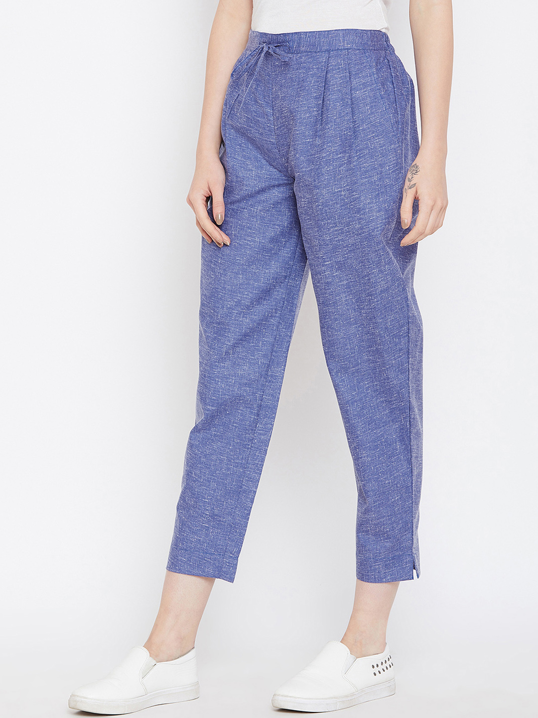 Denim Blue Cotton Cropped Pant-33535