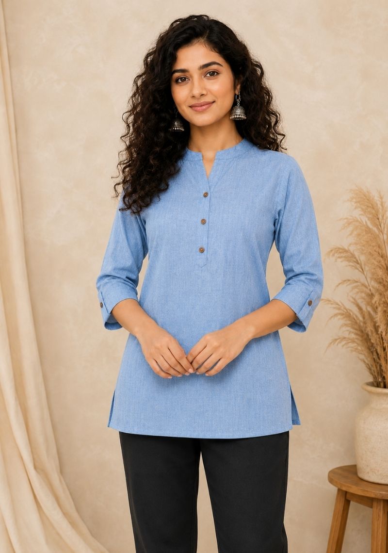 Denim Cotton Ethnic Women Solid Short Top-51182