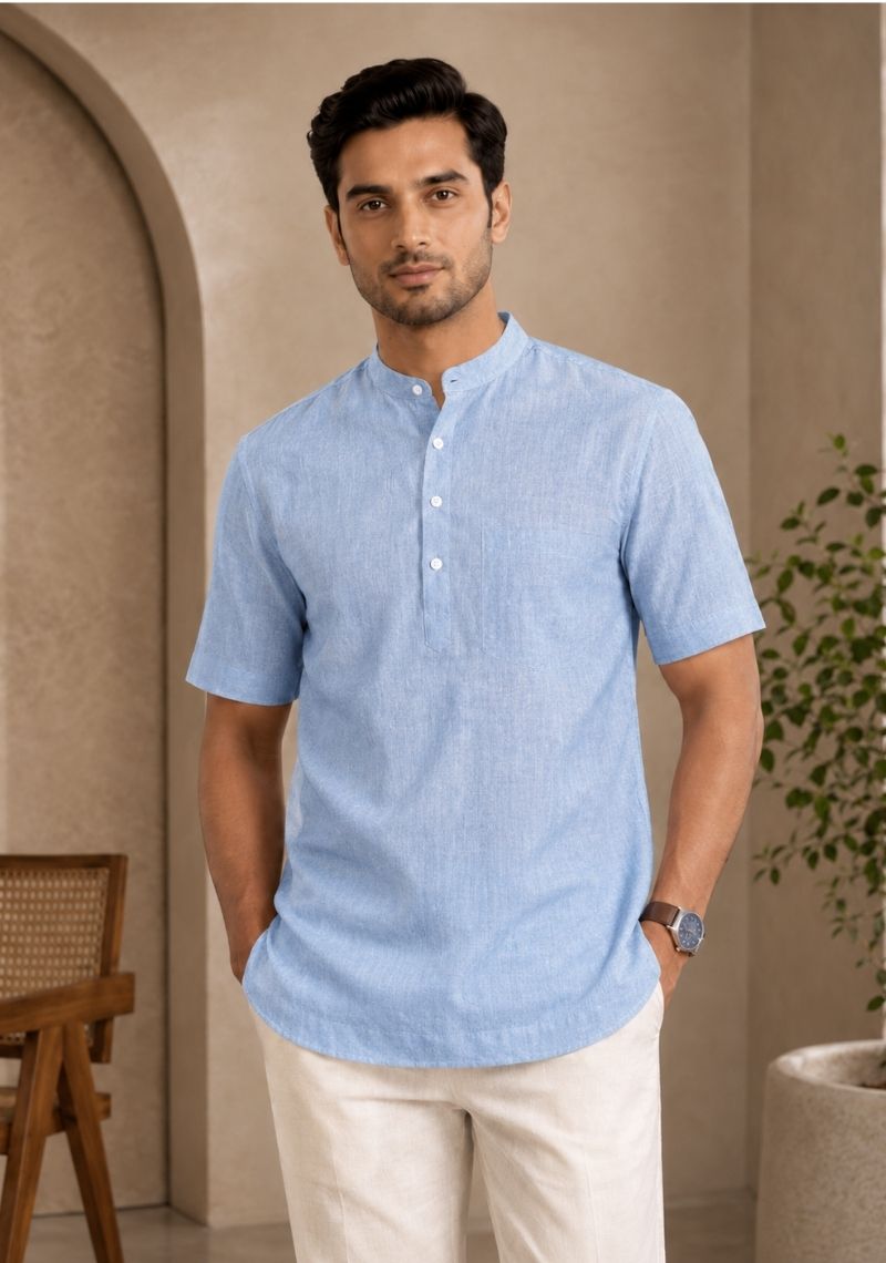 Denim Cotton Half Sleeves Short Kurta-51274