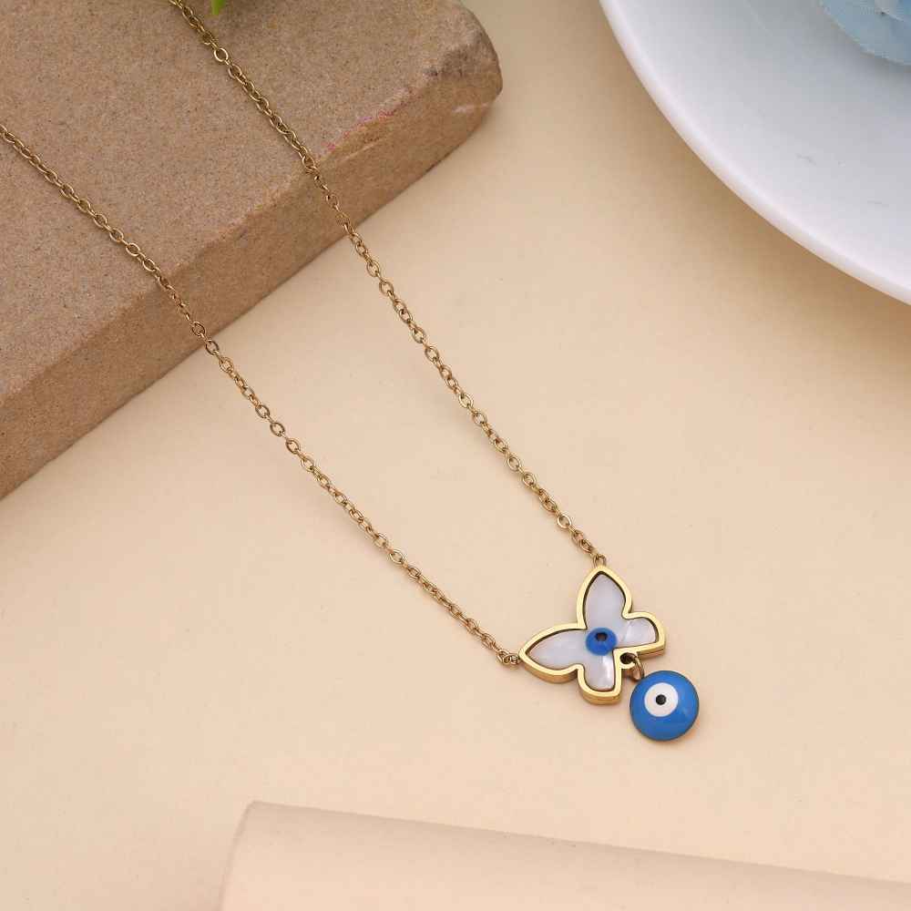 Blue Color Evil Eye Stainless Steel Anti Tarnish Necklace Designed For Protection And Style-FNDFP127BLU