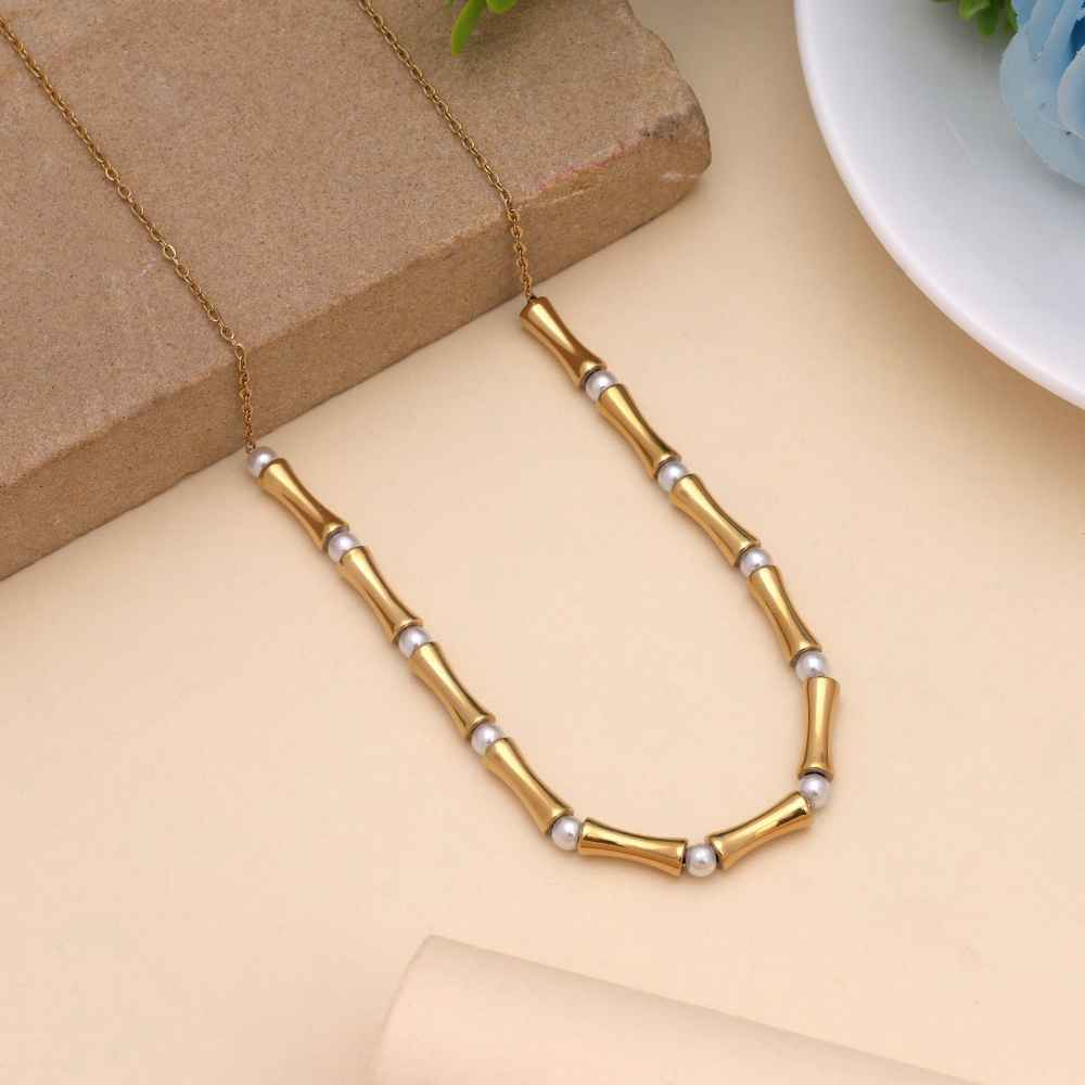 Gold Color Stainless Steel Anti Tarnish Necklace Perfect For Casual And Party Styling-FNDFP130GLD