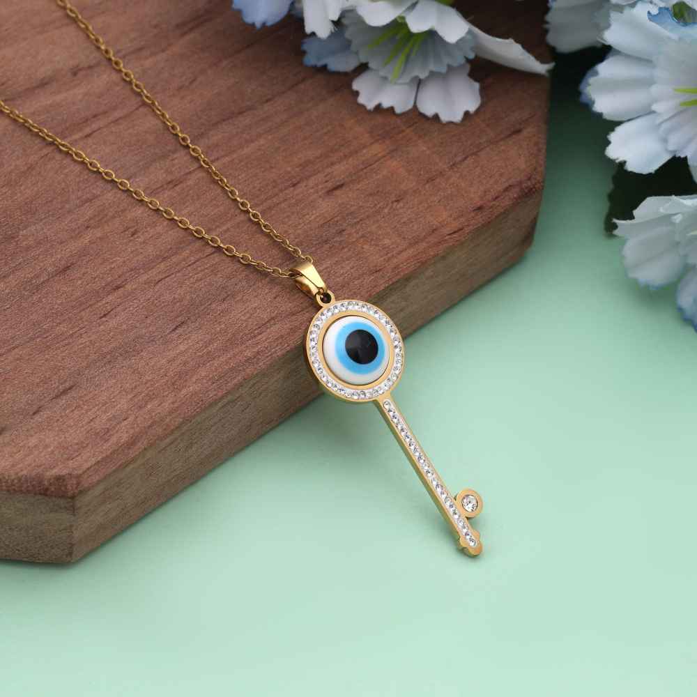Blue Color Evil Eye Stainless Steel Anti Tarnish Necklace Combining Symbolism With Modern Fashion-FNDFP136BLU