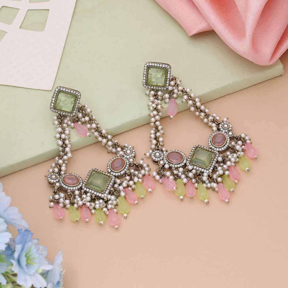 Pink And Pista Green Color Kundan Earrings With Dual Tone Festive Charm-FNKDE147PG