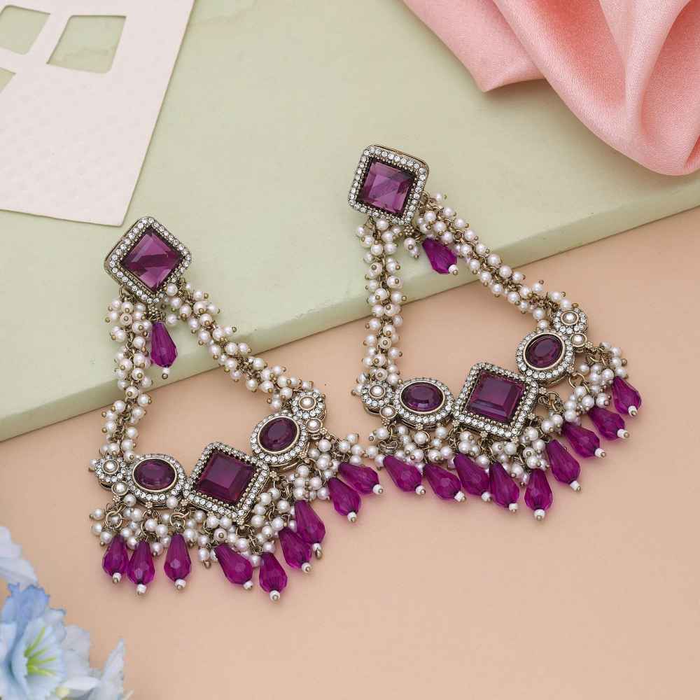 Purple Color Kundan Earrings Designed For Elegant Evening Ethnic Wear-FNKDE147PRP