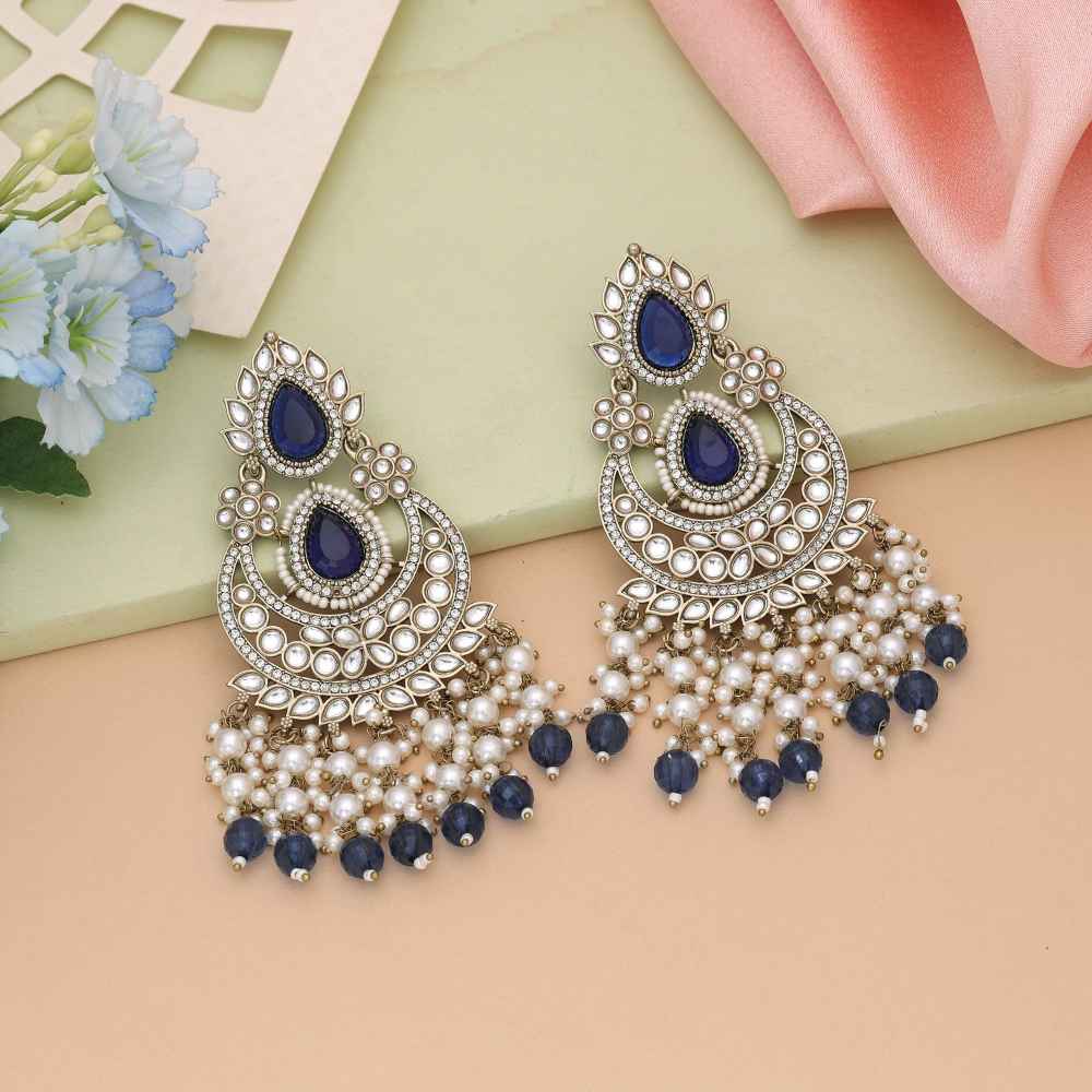 Blue Color Kundan Earrings Inspired By Traditional Indian Aesthetics-FNKDE149BLU