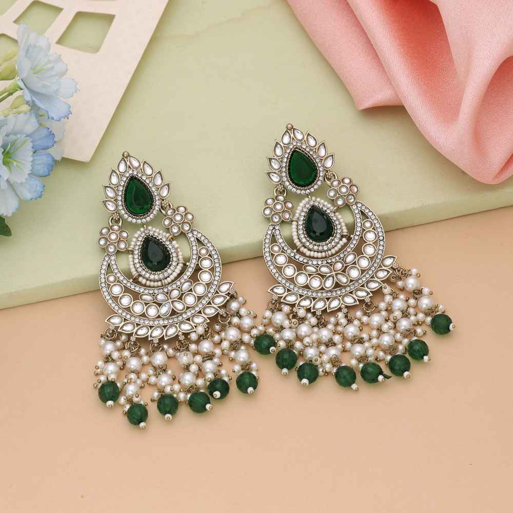 Green Color Kundan Earrings Designed To Complement Ethnic Outfits-FNKDE149GRN