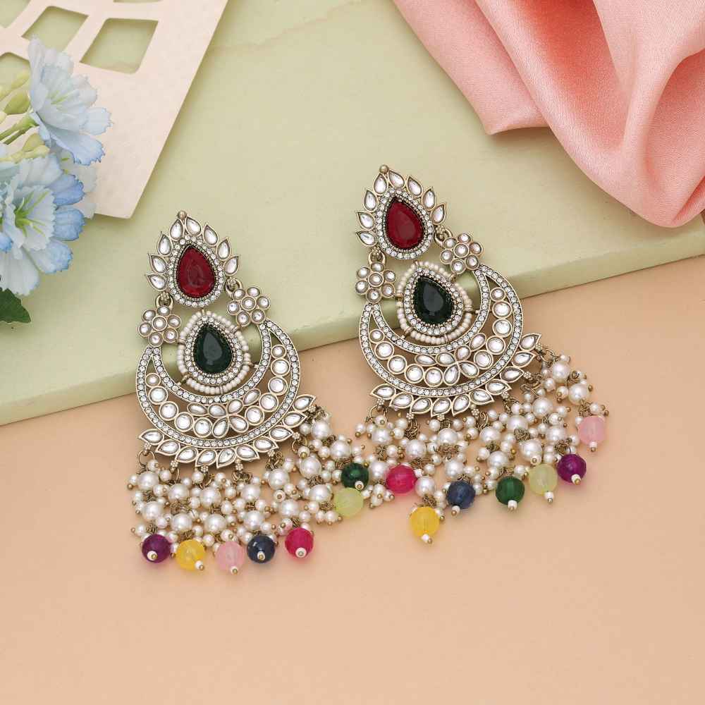 Maroon And Green Color Kundan Earrings With Classic Festive Elegance-FNKDE149MG