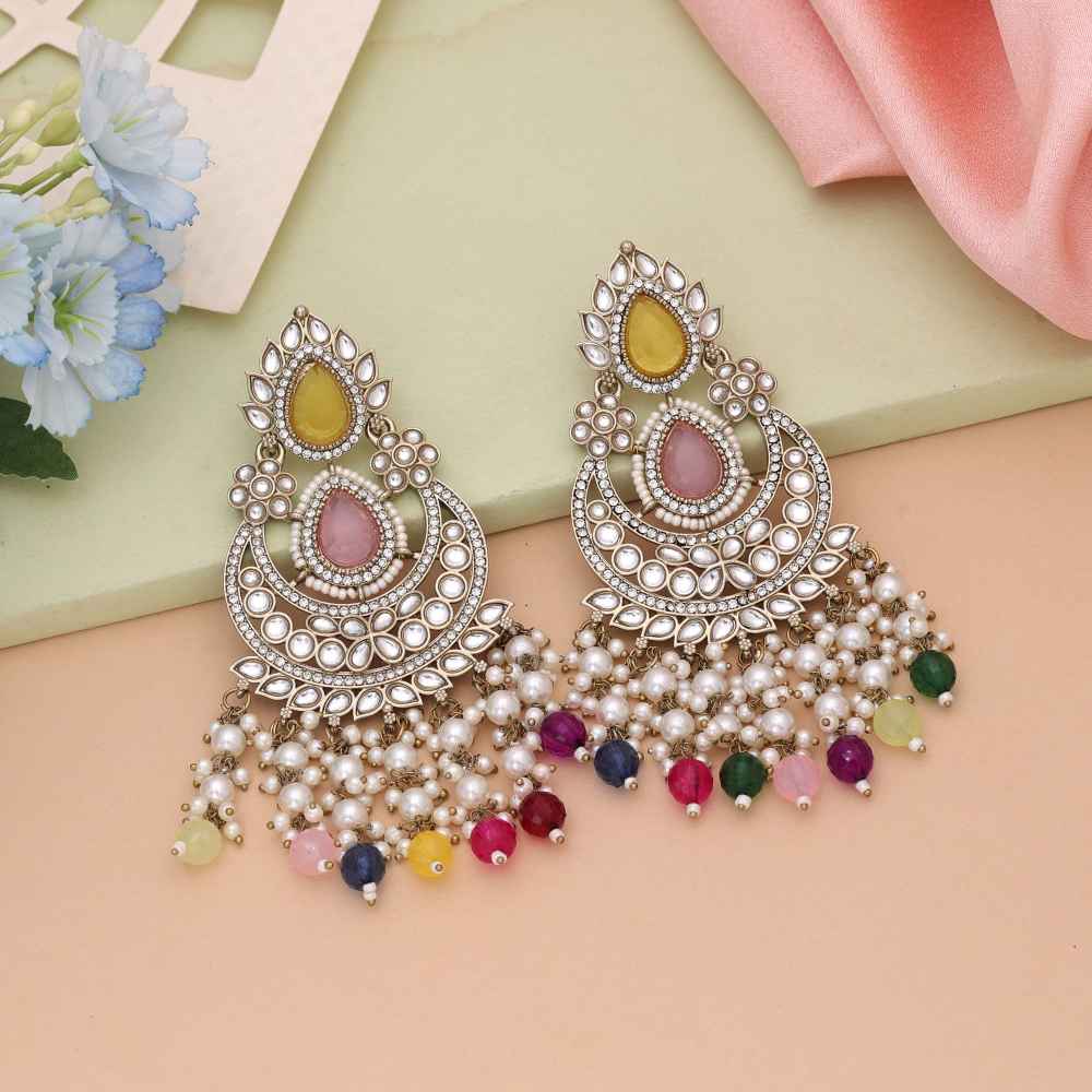 Multi Color Kundan Earrings Crafted For Statement Traditional Styling-FNKDE149MLT